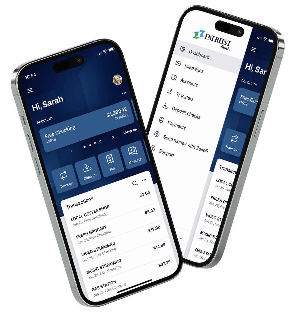 The top-rated INTRUST Bank App featured on two iPhones